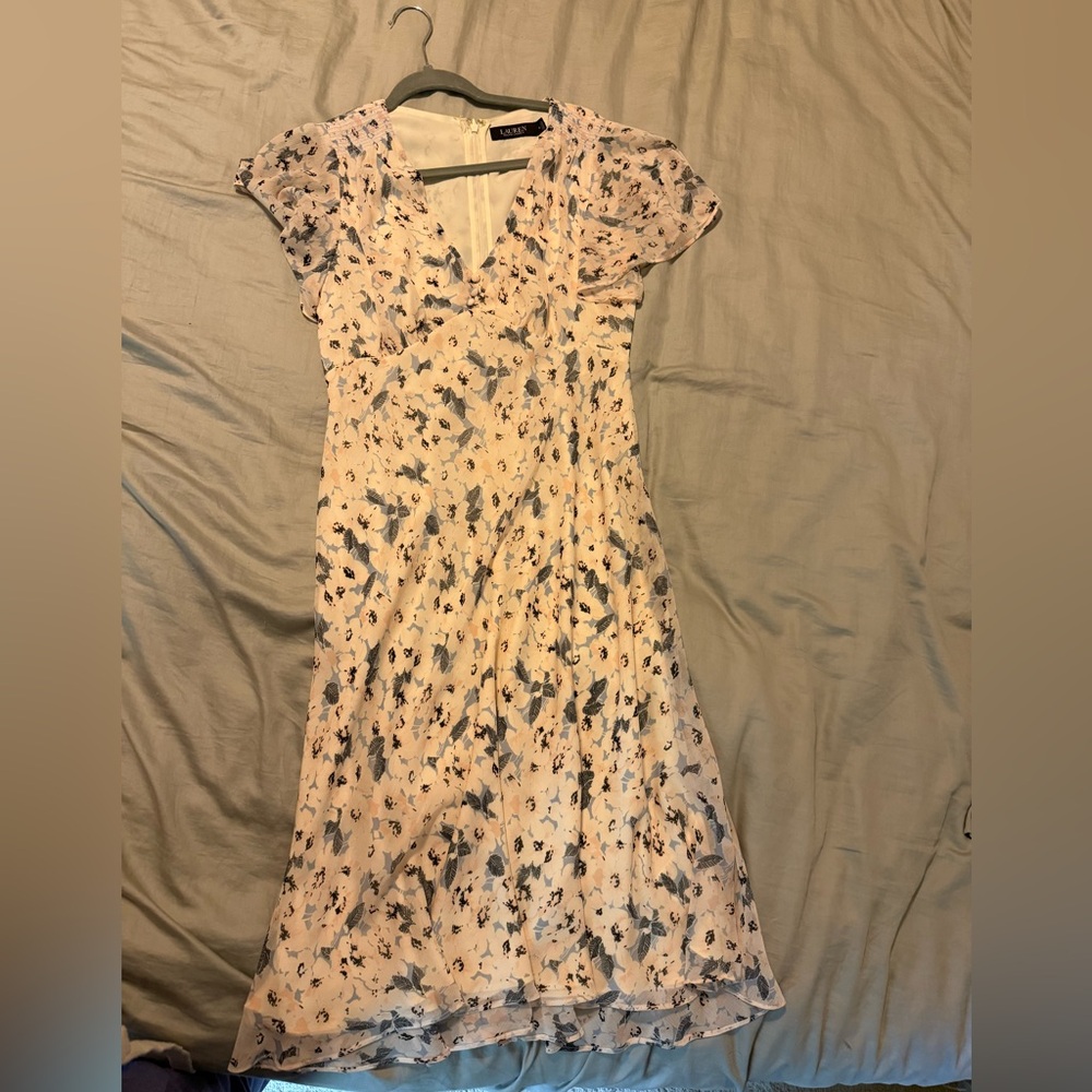 Floral Print Dress in Cream and Blue- Lauren by Ralph Lauren